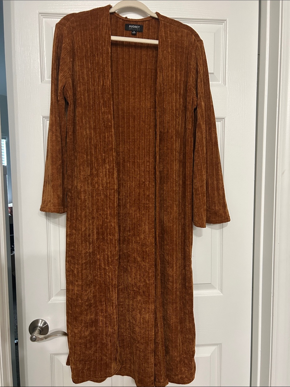 audrey Ribbed Open-Front Long Cardigan - Rust Brown